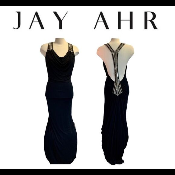 JAY Ahr Black Beaded Sequin Gown Dress Size Medium - Picture 1 of 13